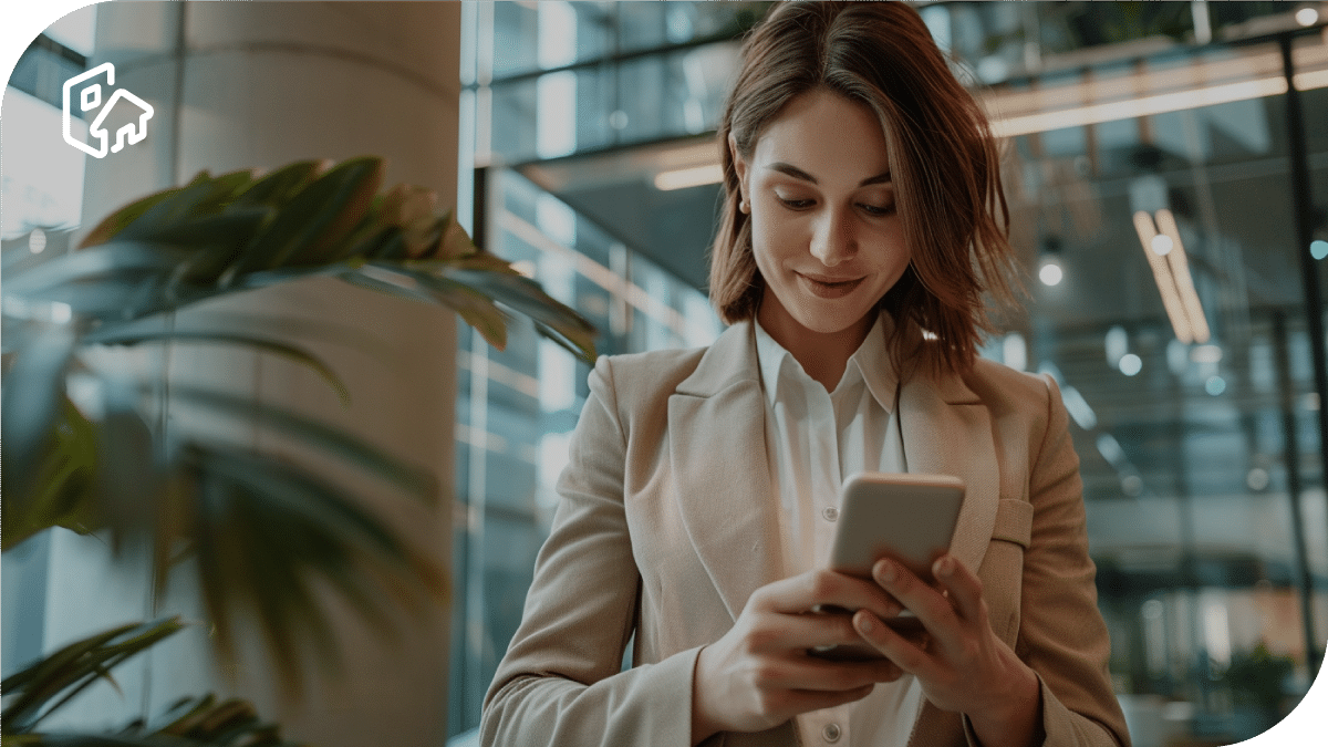 Mujer con un movil reservando un espacio de trabajo